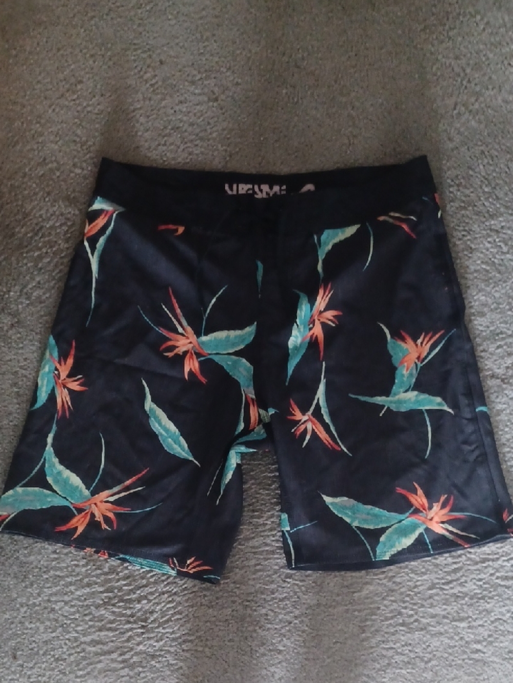 Surf Style Black Tropical Floral Swim Trunks with Teal & Orange Print